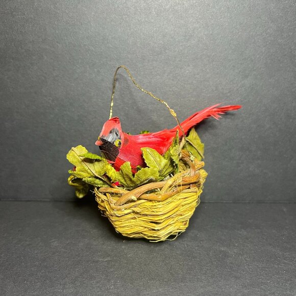 Vintage Handcrafted Cardinal Bird in Woven Wicker Nest Christmas Tree Ornament - Picture 1 of 8